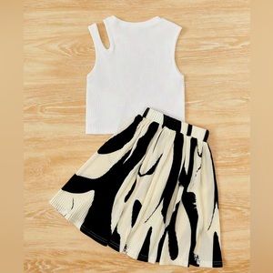 Girl Cut Out Shoulder Tank Top & Flare Skirt (White, Black/Cream, Size 11-12)